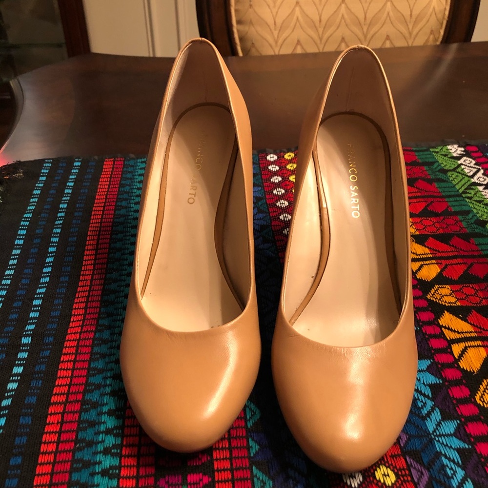 Franco Sarto modern stacked heel wedge pumps
